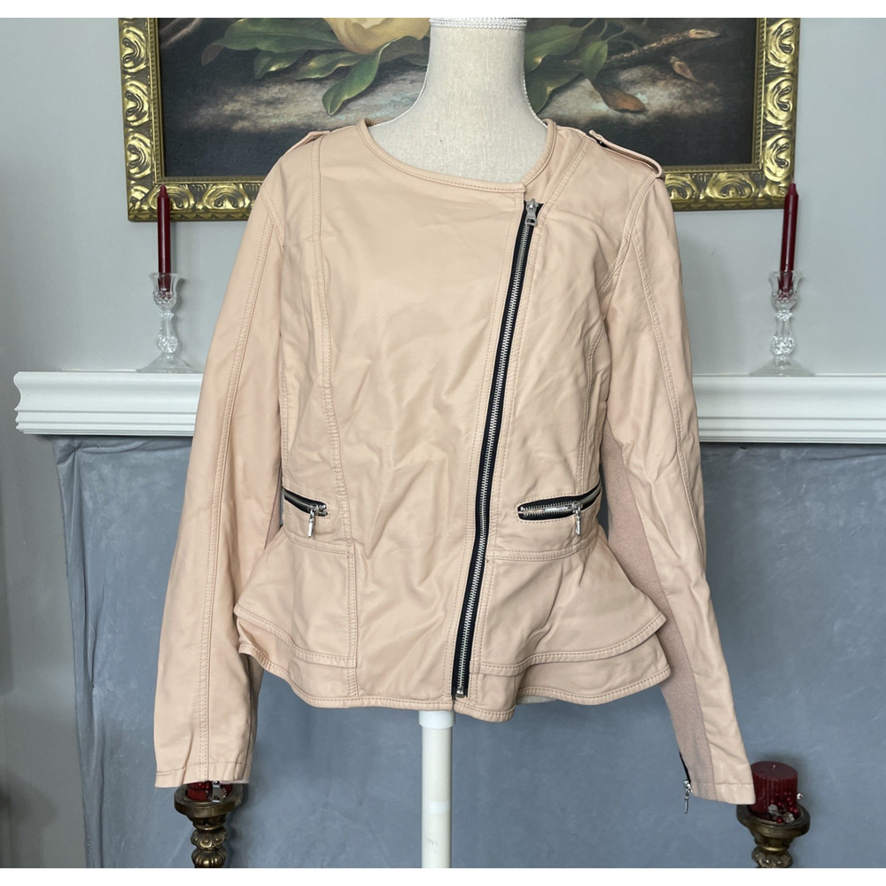 Lane Bryant Blush Pink Faux Leather Moto Jacket Peplum Zip Size 14/16 FLAWED